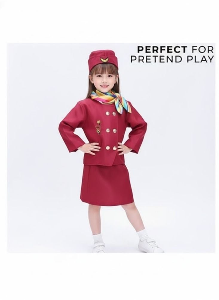 بريميم طقم زي مضيفة طيران للأطفال – زي طاقم الطائرة مع قبعة ووشاح - Image 5